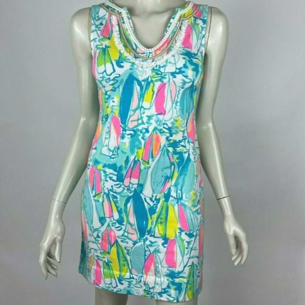Lilly Pulitzer Shift Dress Harper Beach Bae Sailboat French Terry Blue Women XXS